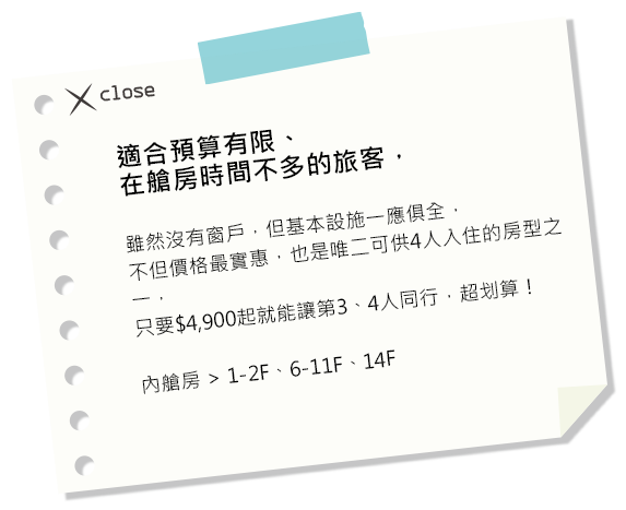 適合預算有限、在艙房時間不多的旅客